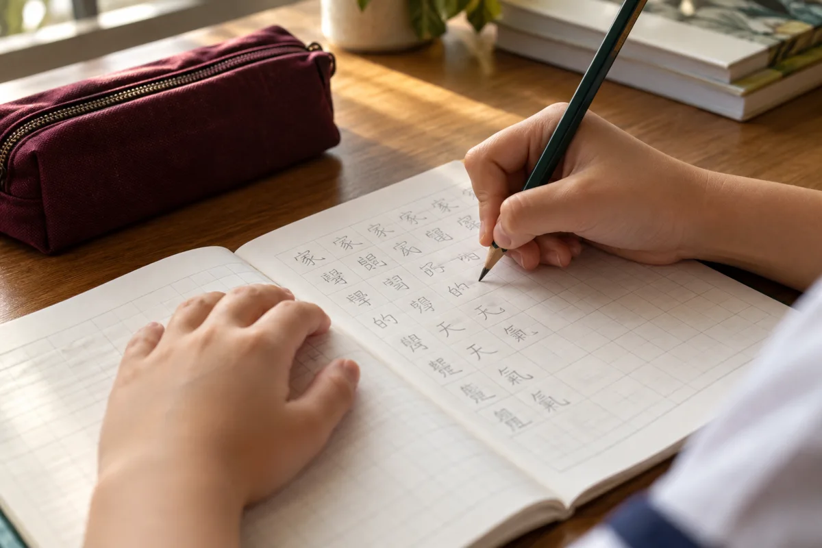 A student practising Chinese handwriting in a notebook